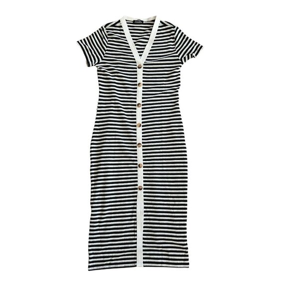 BTFBM Womens Casual Midi Dress Med Short Sleeve Striped Ribbed Knit Button - Picture 4 of 11